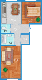 Двухкомнатная квартира 60.5 м²